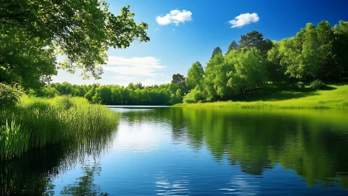 Sunlit freshwater lake with riparian reeds and dense birch forest