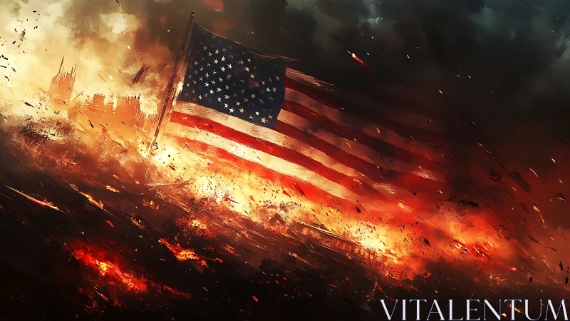 Tattered American flag endures amid apocalyptic inferno.