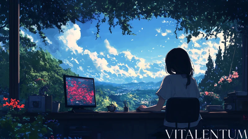 Dreaming coder at a windowed desk above a painted valley.