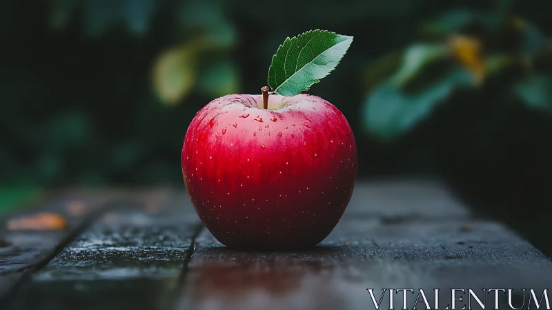 Red apple with leaf on wet wooden surface in focus.