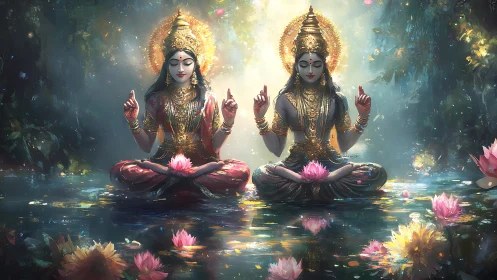 Twin divine figures meditate on lotus-covered water with radiant halos