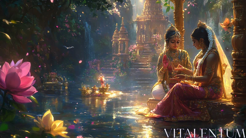 Mythic riverside mandala with devotional figures and temple light