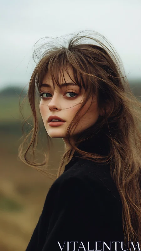 Soft windswept portrait in a quiet, misty countryside dusk.