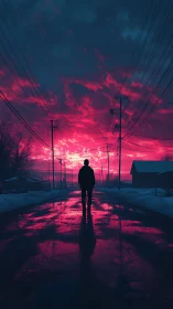 Solitary silhouette under neon magenta winter sky at dusk.