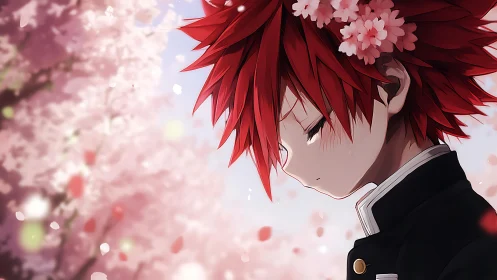 Melancholic red haired student amid drifting sakura petals.
