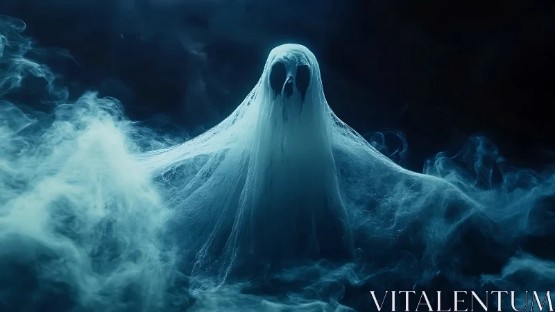 Shrouded wraith rising from swirling blue spectral mist.