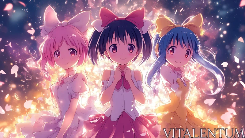 Bright magical friends glowing in soft pastel starlight.