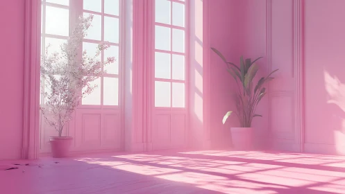 Sunlit pink interior shows tall windows and two potted plants