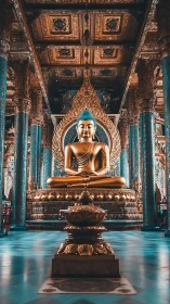 Golden temple serenity with a calm blue-crowned Buddha.