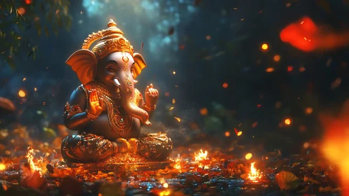 3D luminous Ganesha idol amid ember-lit forest groundscape.
