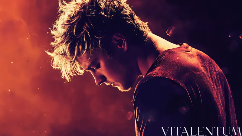 Digital painting portrait in ember-toned dramatic profile lighting.