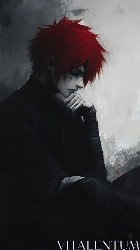 Melancholic red haired figure rendered in high contrast chiaroscuro