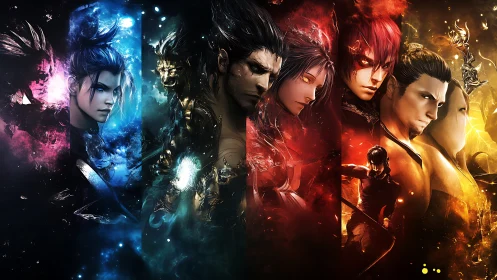 Elemental warriors clash in glowing cosmic battle panorama.