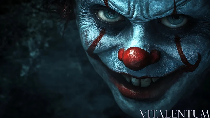 Sinister clown leans from the shadows with a chilling smile