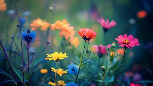 Colorful garden flowers with shallow depth of field bokeh effect