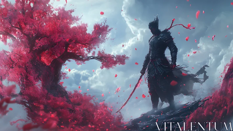 Armored shadow warrior beneath crimson blossom vortex skies