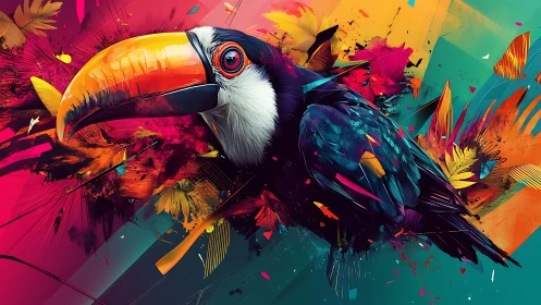 Vibrant toucan in abstract digital art with bold color splashes.