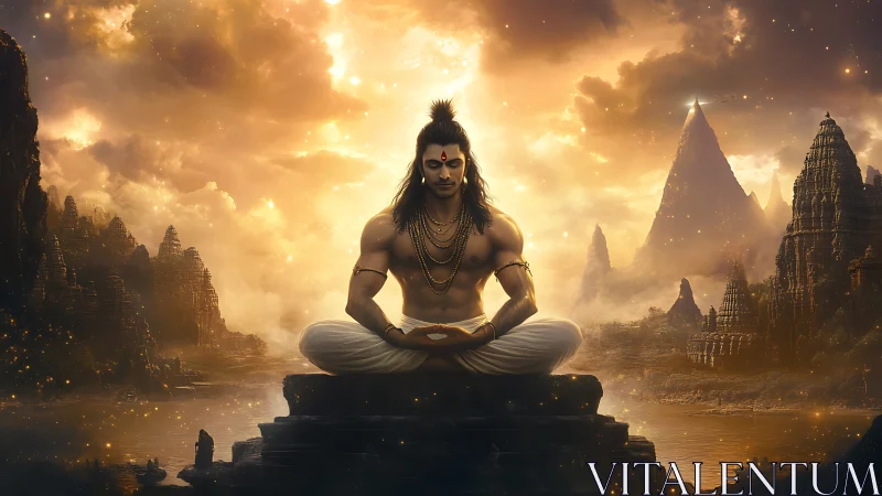 Meditative figure before mountains in glowing sky landscape.