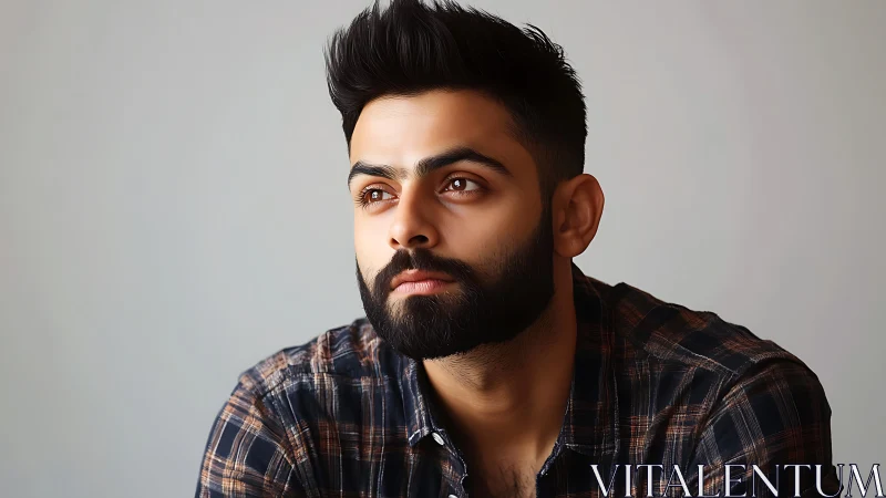 Thoughtful bearded gaze in soft studio morning light.