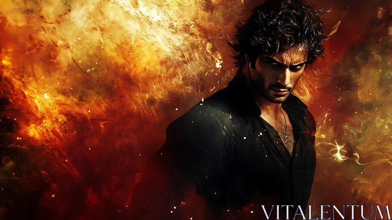 Brooding dark-haired man framed by explosive fiery nebula.