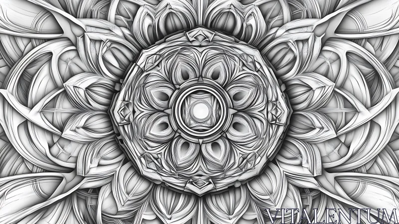 Calming monochrome mandala of layered flowing shapes.