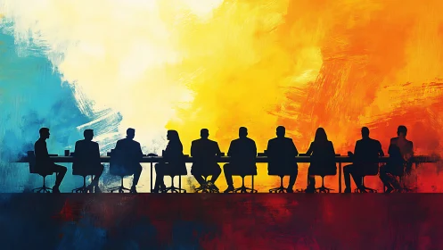 Boardroom Silhouettes Against Chromatic Possibility Landscape