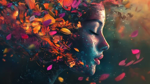 Profile portrait merges floral particles with luminescent facial texture