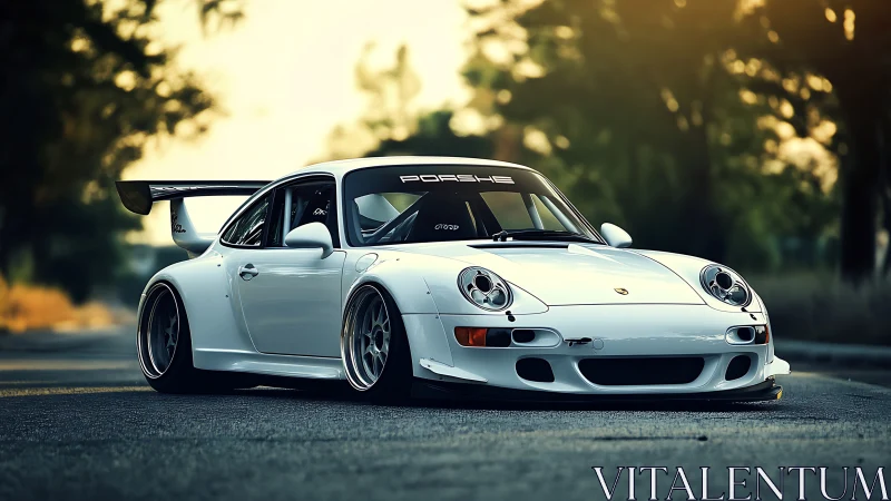 Photorealistic widebody Porsche on sunlit urban roadway.