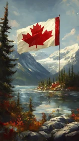 Canadian flag over mountain lake in autumn landscape.