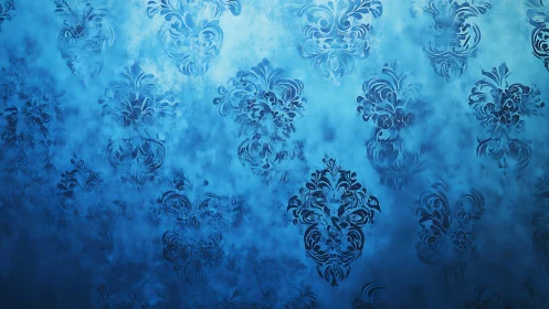 Damask motif diffusion across gradient blue ornamental field.