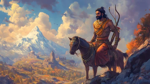 Mountain watcher on horseback above myth-lit valley realms.