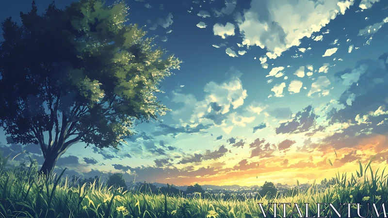 Lone tree on grassy field under wide sunset sky.