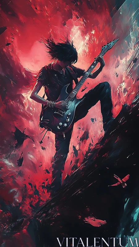 Guitarist ignites a molten sky with roaring electric chords.