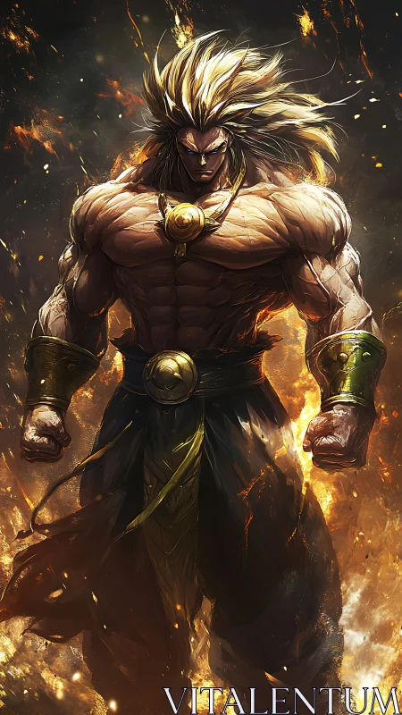Muscular warrior figure stands amid stylized fire effects