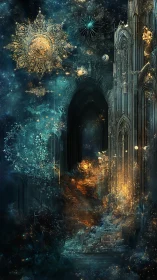 Gothic astral cathedral with cascading celestial light forms.
