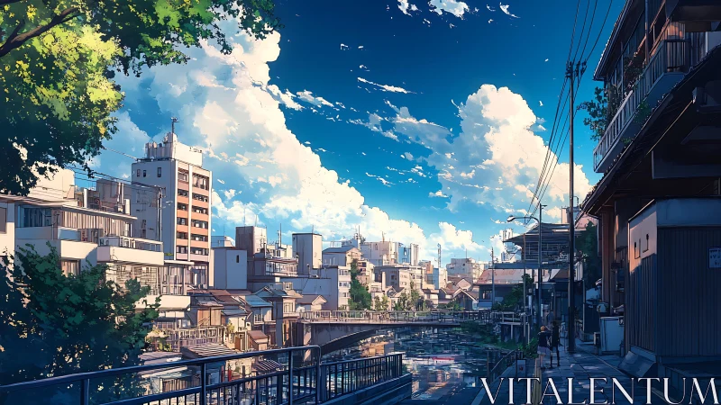 Urban canal district extends under cumulus cloud sky