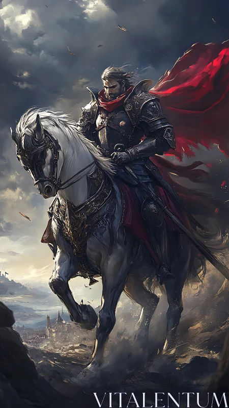 Armored knight on white warhorse above stormy valley.