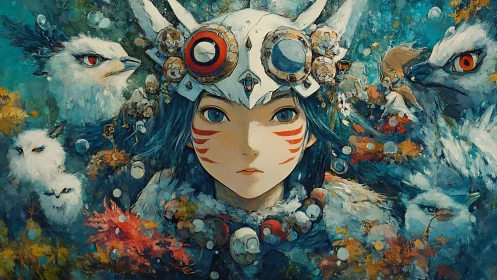 Forest warrior listens to winged guardians in painted storm