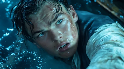 Wet, distressed young man clinging to floating debris.