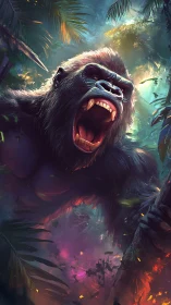Roaring jungle gorilla bursts through neon storm light.