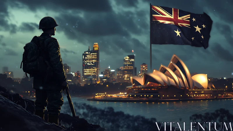 Australian soldier overlooks Sydney skyline at dusk
