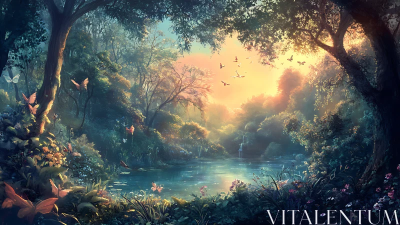 Enchanted Forest Stream at Golden Sunset.