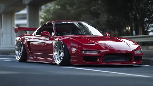 Stanced red mid‑engine sports car with aero kit on city road