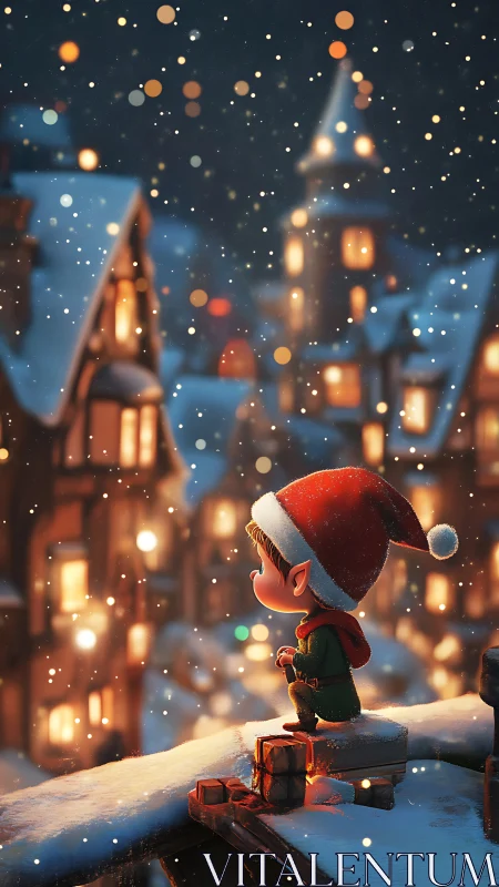 Small elf on snowy rooftop observing illuminated townscape.