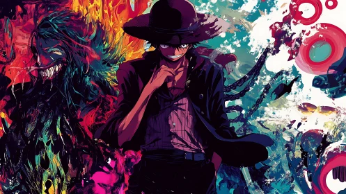 Neo-anime antagonist framed by dual chromatic chaos fields.