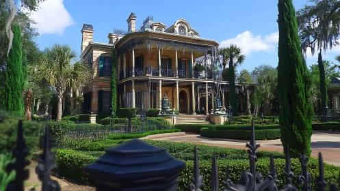 Large Victorian mansion with wrought iron balconies stands prominently