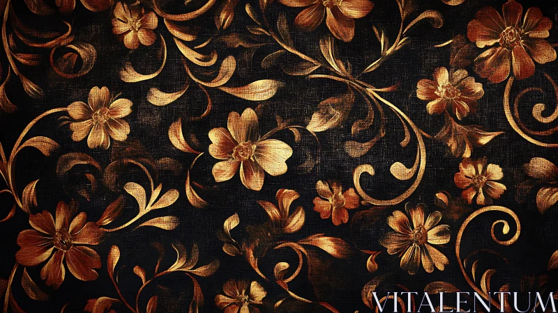 Gilded Floral Damask on Deep Black: Rich Ornamental Textile Design Study