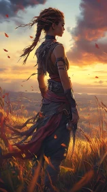 Warrior scout studies sunset horizon amid wind-blown grasslands