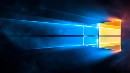 Neon window logo glows through blue and amber light beams.