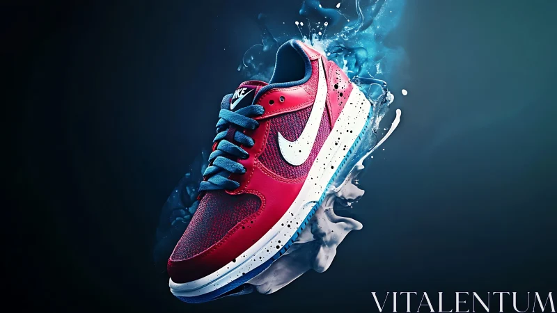 Bold red sneaker bursting with energetic splash of color.